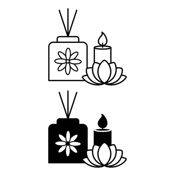 Aromaterapi ikonları. Siyah ve Beyaz Vektör Simgeleri. Kokulu Mum, Aromaterapi Çubuğu ve Lotus Çiçeği. Aroma Reed Yayıcı. Spa tedavileri ve rahatlama. Akıl Sağlığı. Refah Konsepti