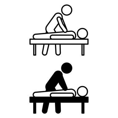 Masaj simgeleri. Siyah ve Beyaz Vektör Simgeleri. Masaj terapisti bir müşteriye rahatlatıcı bir masaj yapar. Sağlıklı bir yaşam tarzı. Refah Konsepti