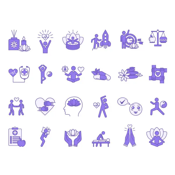 Renkli Sağlık Simgeleri. Akıl Sağlığı. Vektör Gevşeme Simgeleri, Yoga, Aromaterapi, Masaj, Dengeli Diyet, Spa, Bitkisel Tıp, Spiritualite, Stres Yönetimi ve Diğer