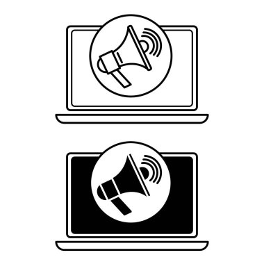 Pazarlama Simgeleri. Laptop ve Hoparlörlerin Siyah ve Beyaz Vektör Simgeleri. Bloglar, satışlar, reklamlar. Dijital Pazarlama. İş ve Sosyal Medya Kavramı