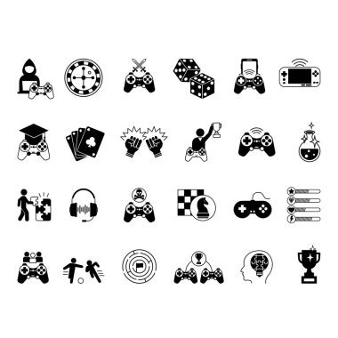 Kara Oyun Simgeleri Ayarlandı. Arcade oyununun vektör simgeleri, mobil oyun, kart oyunu, zar oyunu, dövüş, kumarhane, satranç, konsol, kulaklık, top oyunu, oyun bitti ve diğerleri