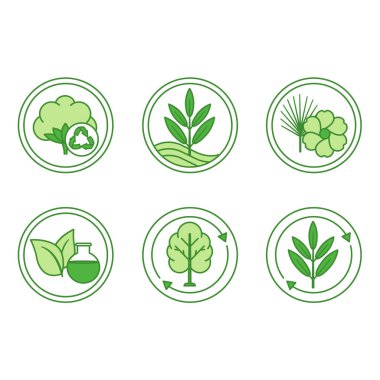 Doğal Havzadaki Yeşil Tekstil İplikleri. Vektör Etiketleri, Paketleme Etiketleri. Geri dönüştürülmüş Cotton, Modal Fabric, Rayon, Cupro, Viscose, Lyocell. Doğal Kumaş Konsepti