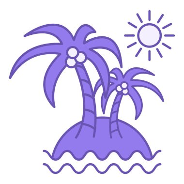 Ada Renk Simgesi. Plajdaki, Güneş 'teki ve Okyanus Dalgaları' ndaki Palm Trees 'in Vektör Simgesi. Tropikal Ada. Yaz ve Tatil Konsepti