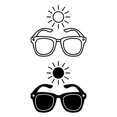 Güneş gözlüğü simgeleri. Siyah ve Beyaz Vektör Simgeleri. Plaj güneş gözlükleri göz koruması için. Yaz Aksesuarı. Tatil ve Seyahat Konsepti