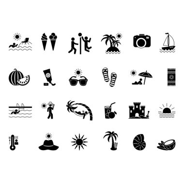 Black Set of Summer Icons. Plaj, güneş, plaj voleybolu, karpuz, bavul, dondurma, sıcak havuz, güneş gözlüğü, hindistan cevizi ve diğer