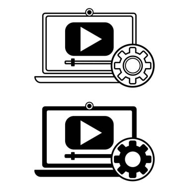 Video Düzenleme Simgeleri. Laptop, Video Oynatıcı ve Gear 'ın Siyah ve Beyaz Vektör Simgeleri. Video blogu. Video ve Sosyal Ağ Kavramı