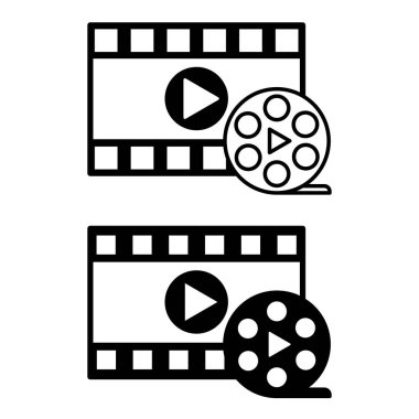 Film ikonları. Siyah ve Beyaz Vektör Simgeleri. Film şeridi, Play tuşları ve film makarası. Film endüstrisi, film yapımı ve video üretimi kavramı