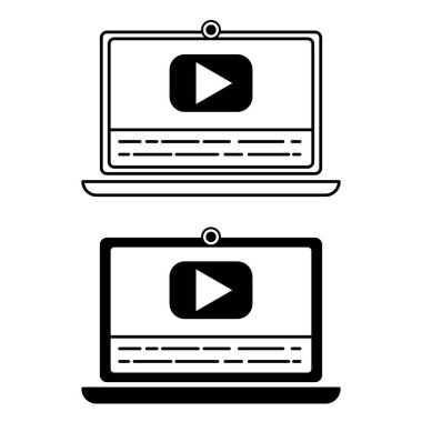 Altyazı Simgeleri. Siyah ve Beyaz Vektör Simgeleri. Laptop, Düğme Videosu ve Metni Oynat. Video Üretim ve Sosyal Ağ Kavramı