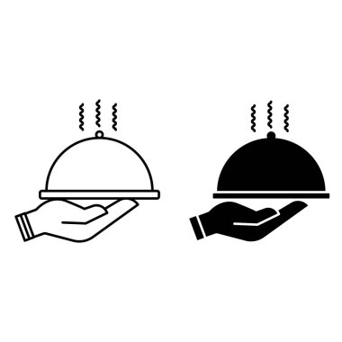 Servis simgeleri. Siyah ve Beyaz Vektör Simgeleri. Eldeki kapaklı tepsi. Otel odası servisi. Otel ve Turizm Konsepti