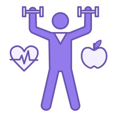 Renkli Sağlıklı Yaşam Tarzı Simgesi. Vektör Simgesi. Dambıllı adam, kalp atışı ve elma. Spor, Akıl Sağlığı ve Sağlıklı Yeme kavramı