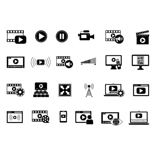 Siyah Video Simgeleri Ayarlandı. Vektör Simgeleri Film, Kamera, Oynat, Duraklat, Canlı, Video Oynatıcı, Yayın, Düzenleme Video, Altyazı ve Diğer