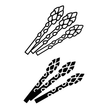 Kuşkonmaz simgeleri. Doğal ve Organik Ürünlerin Siyah ve Beyaz Vektör Simgeleri. Vejetaryen yemeği. Sebze Konsepti