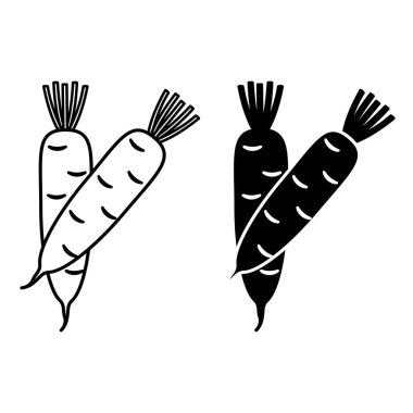 Daikon simgeleri. Doğal ve Organik Ürünlerin Siyah ve Beyaz Vektör Simgeleri. Vejetaryen yemeği. Sebze Konsepti