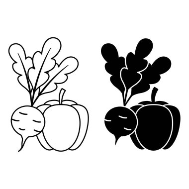 Sebze ikonları. Turp ve Paprika 'nın Siyah ve Beyaz Vektör Simgeleri. Doğal ve Çevre dostu Ürünler. Organik tarım kavramı