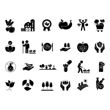 Organik tarım simgelerinin siyah seti. Sebzelerin Vektör Simgeleri, Meyveler, Çiftlik, Organik Market, Organik Etiket, Organik, Kimyasalsız, Vegan, Bio, Hasat ve Diğerleri