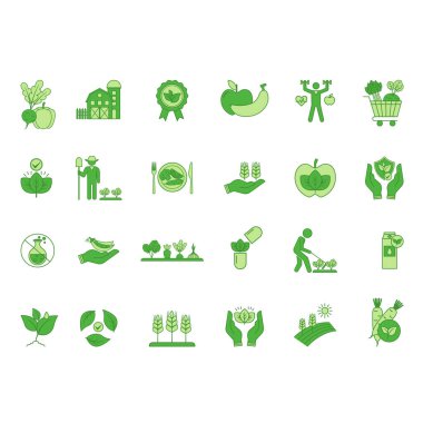 Yeşil Organik Tarım Simgeleri. Sebzelerin Vektör Simgeleri, Meyveler, Çiftlik, Organik Market, Organik Etiket, Organik, Kimyasalsız, Vegan, Bio, Hasat ve Diğerleri