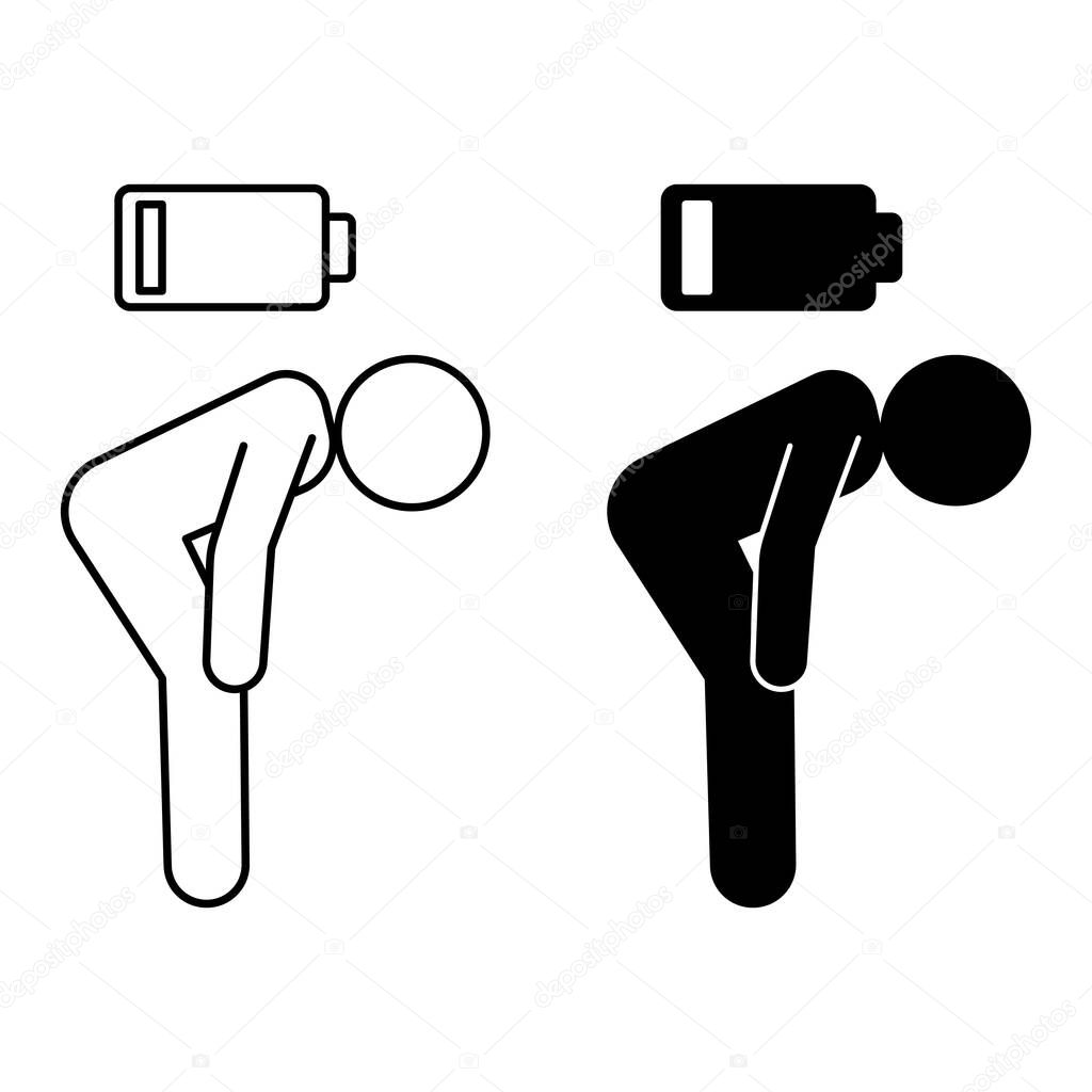 Tired icons. Black and White Vector Icons. The Man is Bent Over from Fatigue, Burnout. Emotions, Mental Health, Mental Health. Mood Concept