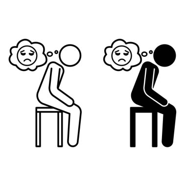 Yalnız ikonlar. Siyah ve Beyaz Vektör Simgeleri. Üzgün Adam Sandalyede Oturuyor. Duygular, Akıl Sağlığı. Ruh hali Konsepti