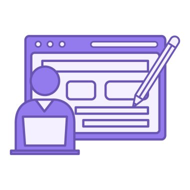 Blogger Renk Simgesi. Vektör Simgesi. İçeriği olan bir web sitesi ve dizüstü bilgisayarı olan bir Vlogger. İnternette blog yazıyorum. Çevrimiçi Platformda İçerik Yayınlanıyor