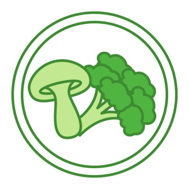 Yeşil Simge Raw. Mantar ve Brokoli 'nin Vektör Simgesi. Çiğ ve Doğal Gıda. Organik Ürünlerin Paketlenmesi Etiketi. Sağlıklı Yeme