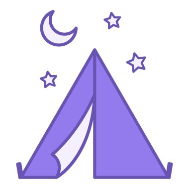 Siyahi Kamp Simgesi. Vektör Simgesi. Turist Çadırı, Ay ve Yıldızlar. Kamp Kavramı