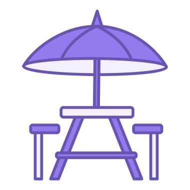 Renkli Piknik Masası Simgesi. Yaz Şemsiyesi, Masa ve Sandalye 'nin Vektör Simgesi. Boş zaman ve seyahat. Kamp ve Turizm Konsepti