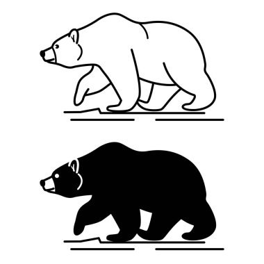 Ayı simgeleri. Siyah ve Beyaz Vektör Vahşi Hayvan Simgeleri. Tehlike uyarısı işareti. Kamp ve Turizm Konsepti