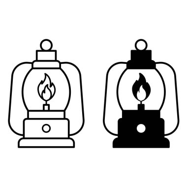 Fener simgeleri. Siyah ve Beyaz Vektör Simgeleri. Yaşlı Gazyağı Lambası. Ahır Feneri, Oda Işığı. Kamp ve Turizm Konsepti