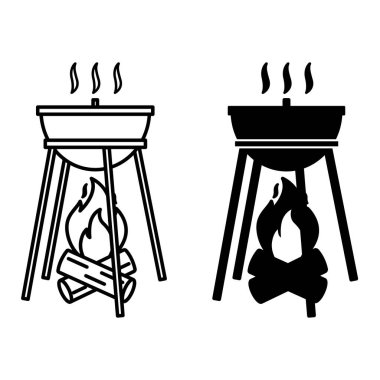 Yemek ikonları. Siyah ve Beyaz Vektör Simgeleri. Ateşte yemek pişirme, barbekü ızgarası. Piknik. Kamp ve Turizm Konsepti