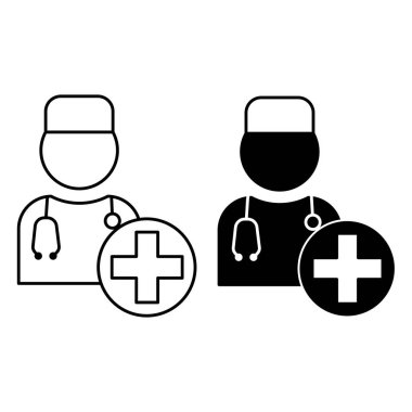 Doktor simgeleri. Siyah ve Beyaz Vektör Simgeleri. Tıbbi Kıyafetler ve Stetoskop Doktoru. Çeşitli hastalıkları tedavi eden bir uzman. Sağlık ve Tıp Konsepti