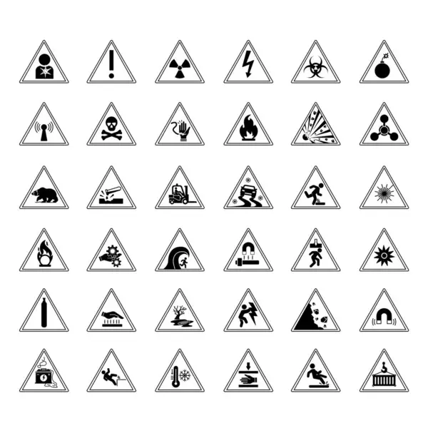 stock vector Warning Danger Signs. Vector Icons Biological Hazard, High Voltage, Carcinogen, Chemical Weapon, Compressed Gas, Slippery Road, Suspended Load, Crushing Risk, Magnetic Field, and Other