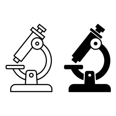 Mikroskop Simgeleri. Laboratuvar ekipmanlarının Siyah ve Beyaz Vektör Simgeleri. Virüs Teşhis Aygıtı. Sağlık ve Tıp Konsepti