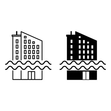 Deniz Seviyesi Yükselen Simgeler. Siyah ve Beyaz Vektör Simgeleri Tufanı. Çok katlı bina su altında kalıyor. Ekolojik bir sorun. İklim Değişikliği Kavramı