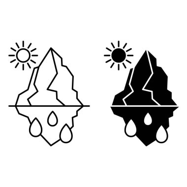 Buz Eriten Simgeler. Siyah ve Beyaz Vektör Simgeleri. Güneş ve eriyen buzullar. Küresel Isınma. Ekolojik bir sorun. İklim Değişikliği Kavramı