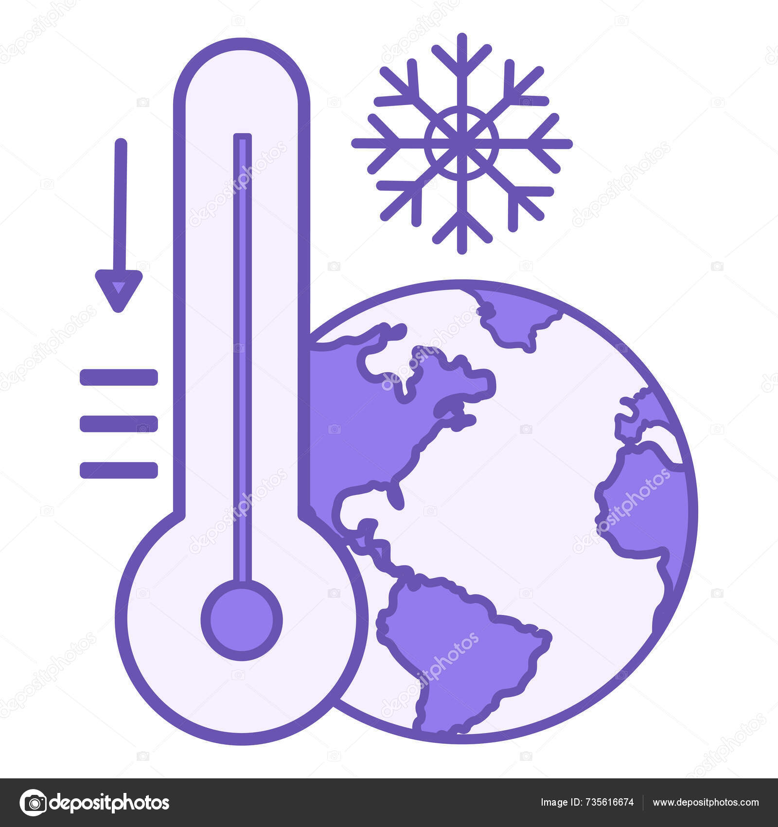 Diminution Température Icône Colorée Icône Vectorielle Flocon Neige Planète Terre Thermomètre Avec Flèche Vers Bas Saison Froide Concept Changement Climatique