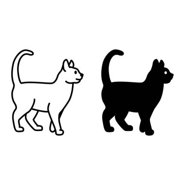 Kedi Simgeleri. Zarif Yürüyen Kedi 'nin Siyah ve Beyaz Vektör Simgeleri. Hayvan Konsepti