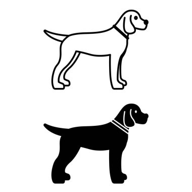 Köpek Simgeleri. Siyah ve Beyaz Vektör Simgeleri. Yakalı genç köpek. Hayvan Konsepti