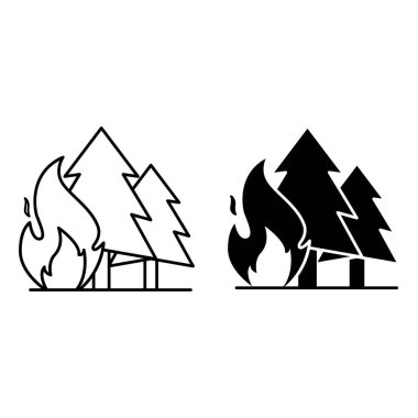 Wildfire Simgeleri. Siyah ve Beyaz Vektör Simgeleri. Şenlik ateşi ve ağaçlar. Doğa için tehlike. Ekolojik bir sorun. İklim Değişikliği Kavramı