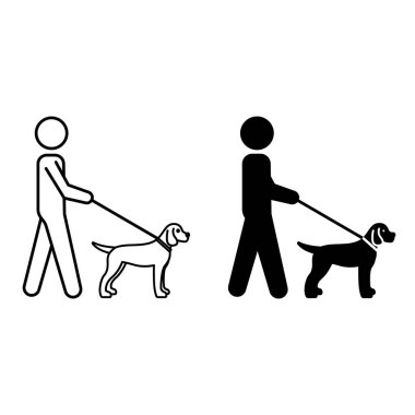 Köpek Yürüyüşü Simgeleri. Siyah ve Beyaz Vektör Simgeleri. Leash 'te Yürüyen Hayvan Adam. Hayvan Konsepti