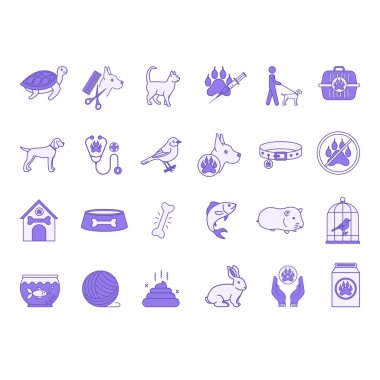Renkli Evcil Hayvan Simgesi Seti. Vektör Simgesi Köpek, Kedi, Tavşan, Kuş, Hamster, Kaplumbağa, Balık, Hayvan Bakımı, Hayvan Evi, Yürüyen Köpek, Veteriner, Akvaryum, Hayvan Yiyeceği ve Daha Fazla