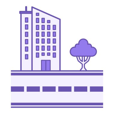 Renkli Şehir Simgesi. Vektör Simgesi. Çok katlı bina, ağaç ve yol. Sokak, Residential Area. Yol Kavramı