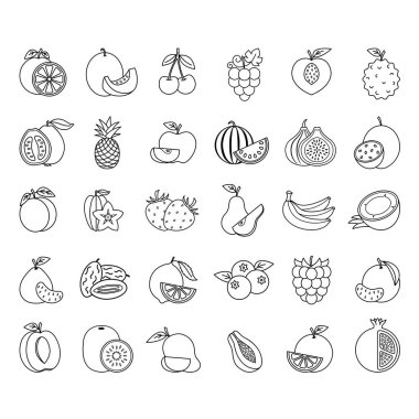 Meyve Simgesi Seti. Elma, armut, kivi, karpuz, portakal, şeftali, kayısı, tutku meyvesi, ananas, incir, çilek, elma, muz, ahududu, mango ve daha fazlası.