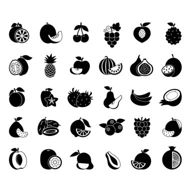 Siyah Meyve Simgesi Seti. Elma, armut, kivi, karpuz, portakal, şeftali, kayısı, tutku meyvesi, ananas, incir, çilek, elma, muz, ahududu, mango ve daha fazlası.