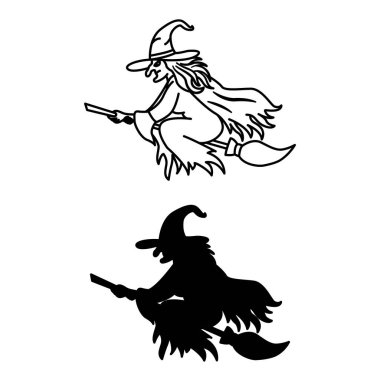 Cadı Simgeleri. Siyah ve Beyaz Vektör Simgeleri. Kötü Cadı Broom 'da Uçuyor. Peri masalı karakteri. Cadılar Bayramı Konsepti