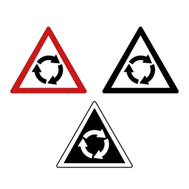 Döner kavşak işaretleri. Uyarı Yol İşaretleri. Kırmızı, Siyah ve Beyaz Vektör Simgeleri