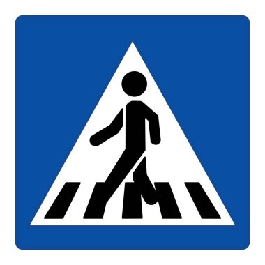 Mavi yaya geçidi işareti. Meydan Yolu İşareti. Zebra 'da Karşıdan Karşıya Geçen Adam. Vektör Simgesi