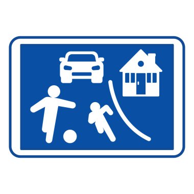 Mavi Residential Area İşareti. Meydan Yolu İşareti. Ev, Araba ve Çocuklar Futbol Oynuyor. Vektör Simgesi
