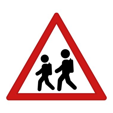 Kırmızı İşaret Okulu Geçidi. Uyarı Yolu İşareti. Okul çantalı çocuklar okula gidiyor. Vektör Simgeleri