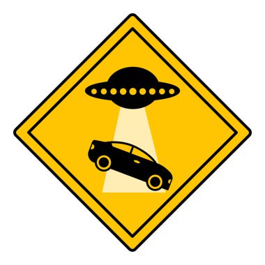 Sarı İşaret Park Yasak. Komik Yol İşareti. UFO arabayı aldı, uzaylı gemisi. Vektör Simgesi
