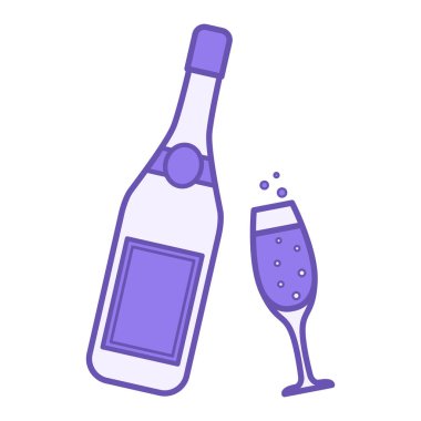 Renkli Şampanya Simgesi. Vektör Simgesi. Şampanya Şişesi ve Bardak, içecek ve köpüklü. Noel ve Tatil Konsepti